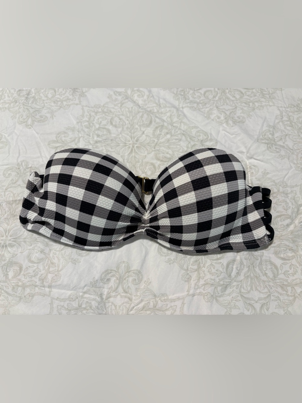 Strapless Gingham Bandeau swim top - Black & White, Sz L, underwire push up